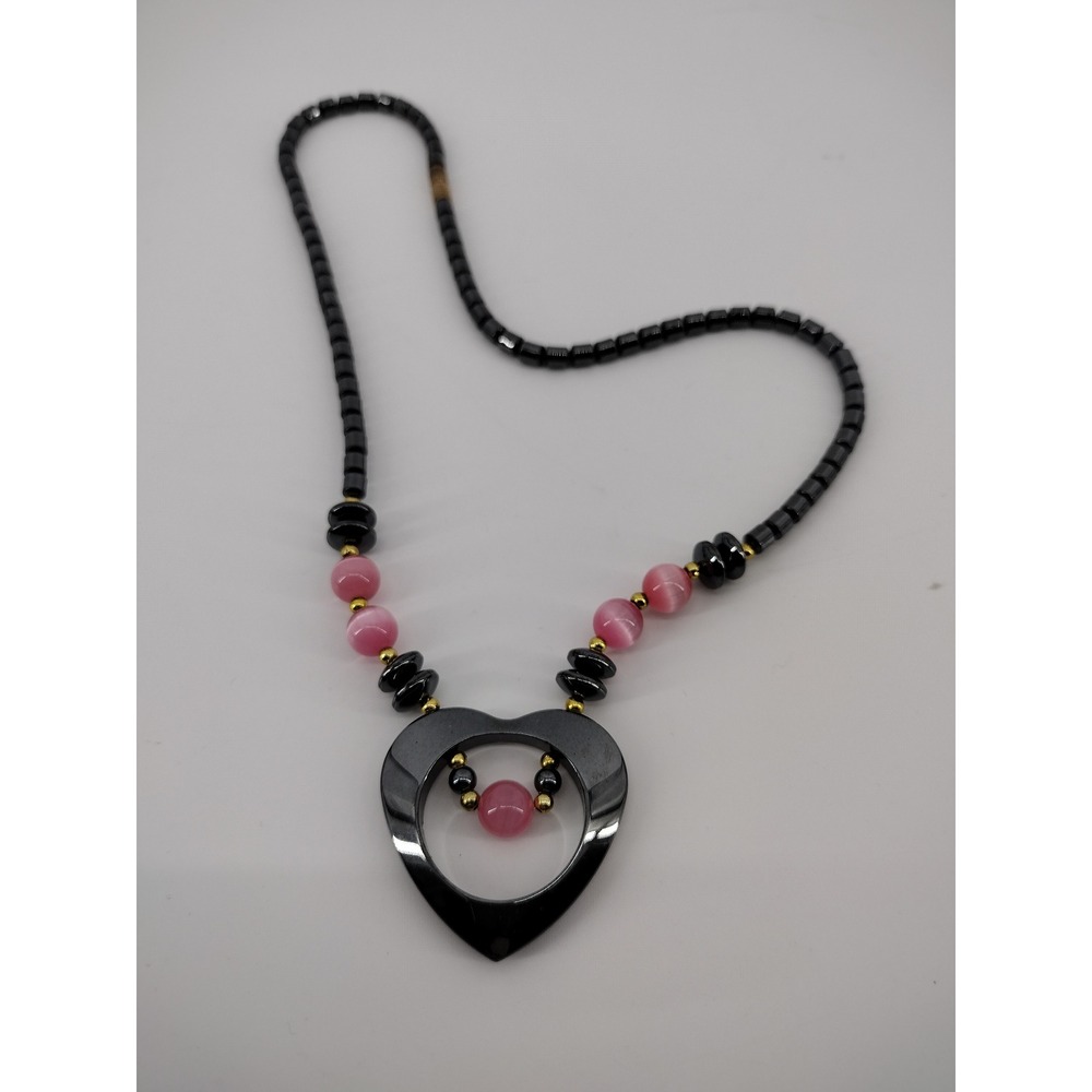 Hematite Heart Pendant Necklace Pink Cats Eye Beaded Gunmetal 18 In Barrel Clasp